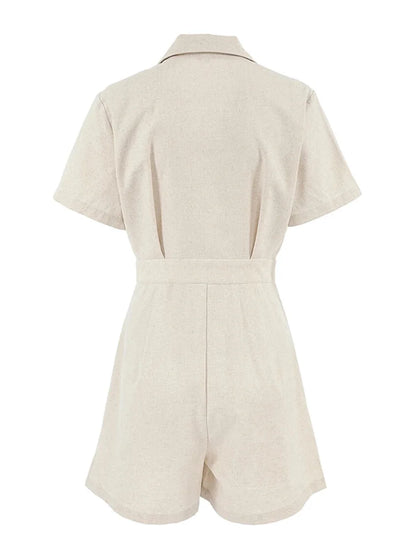 Rompers- Women Button-Up Linen Romper Jumpsuit for Casual Fridays- - IndioGear.com