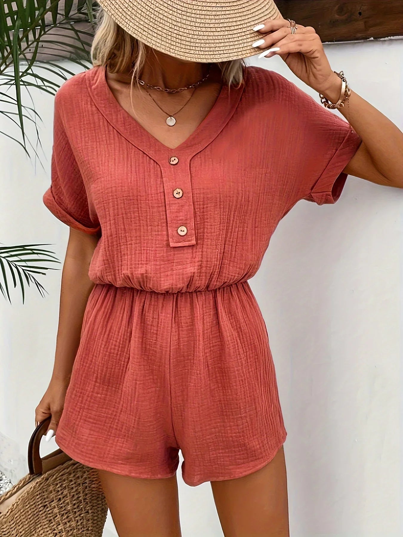 Rompers- Women's Blouson Romper for Casual Lounging- Rust- IndioGear.com