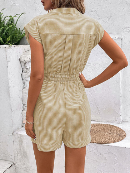 Rompers- Women's Button-Up Belted Romper - Cinched Short-Length Playsuit- - IndioGear.com