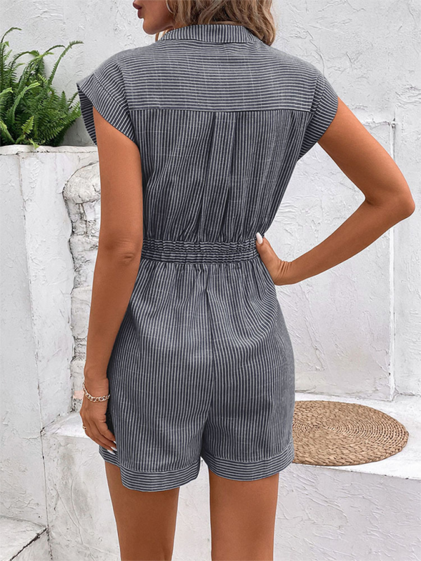 Rompers- Women's Button-Up Belted Romper - Cinched Short-Length Playsuit- - IndioGear.com