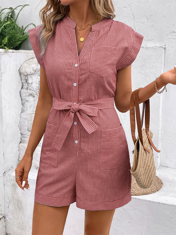 Rompers- Women's Button-Up Belted Romper - Cinched Short-Length Playsuit- - IndioGear.com