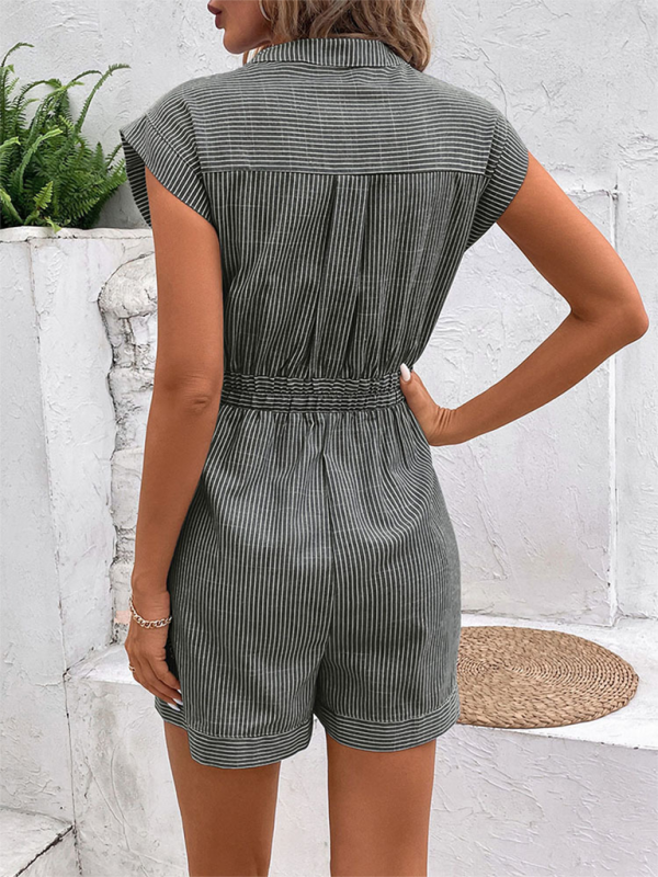 Rompers- Women's Button-Up Belted Romper - Cinched Short-Length Playsuit- - IndioGear.com