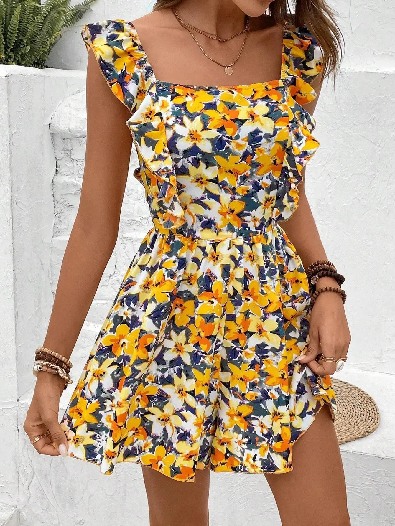 Rompers- Women's Floral Print Playsuit - Bowknot Backless Romper- Yellow- IndioGear.com