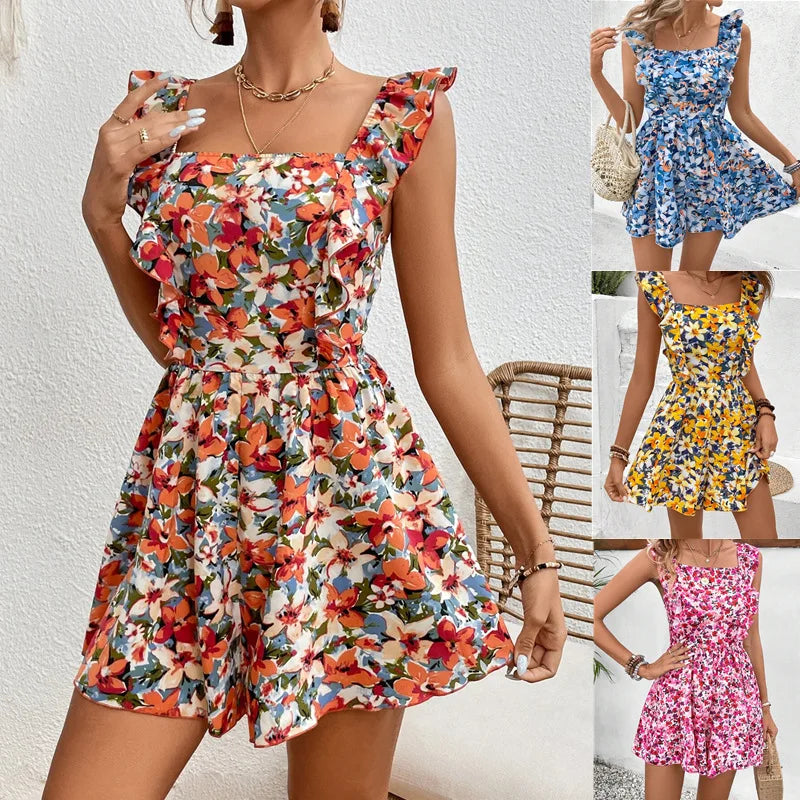 Rompers- Women's Floral Print Playsuit - Bowknot Backless Romper- - IndioGear.com