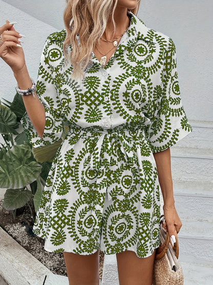 Rompers- Women's Floral Tie-Waist Romper with 3/4 Sleeves - Shirt Playsuit for Summer- Green- IndioGear Fashion and Gear