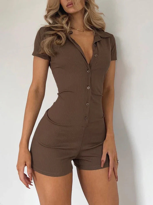 Rompers- Women's Ribbed Button Playsuit for Casual Lounging - Fitted Romper- Brown- IndioGear.com