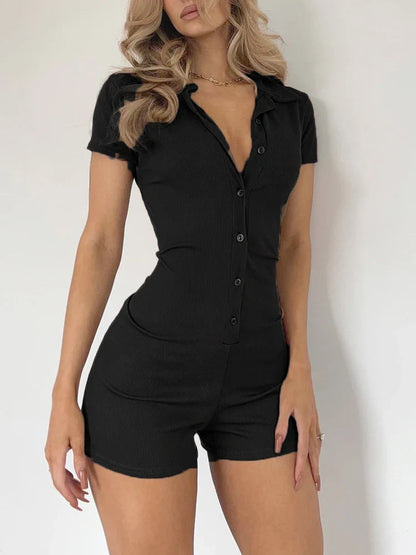 Rompers- Women's Ribbed Button Playsuit for Casual Lounging - Fitted Romper- Black- IndioGear.com