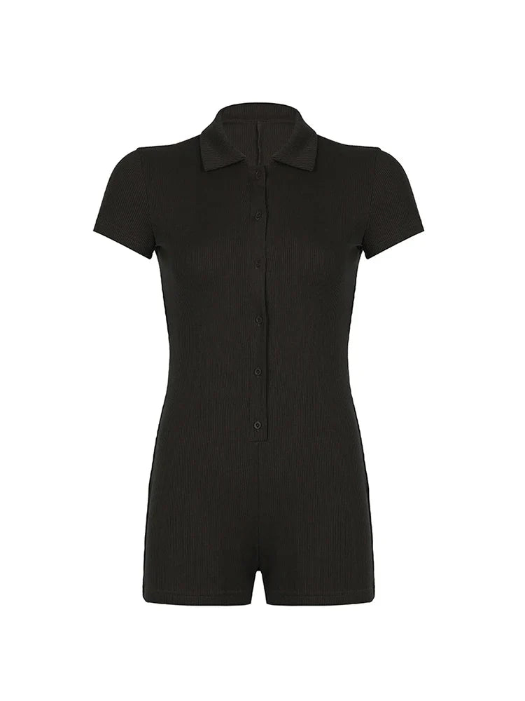 Rompers- Women's Ribbed Button Playsuit for Casual Lounging - Fitted Romper- - IndioGear.com