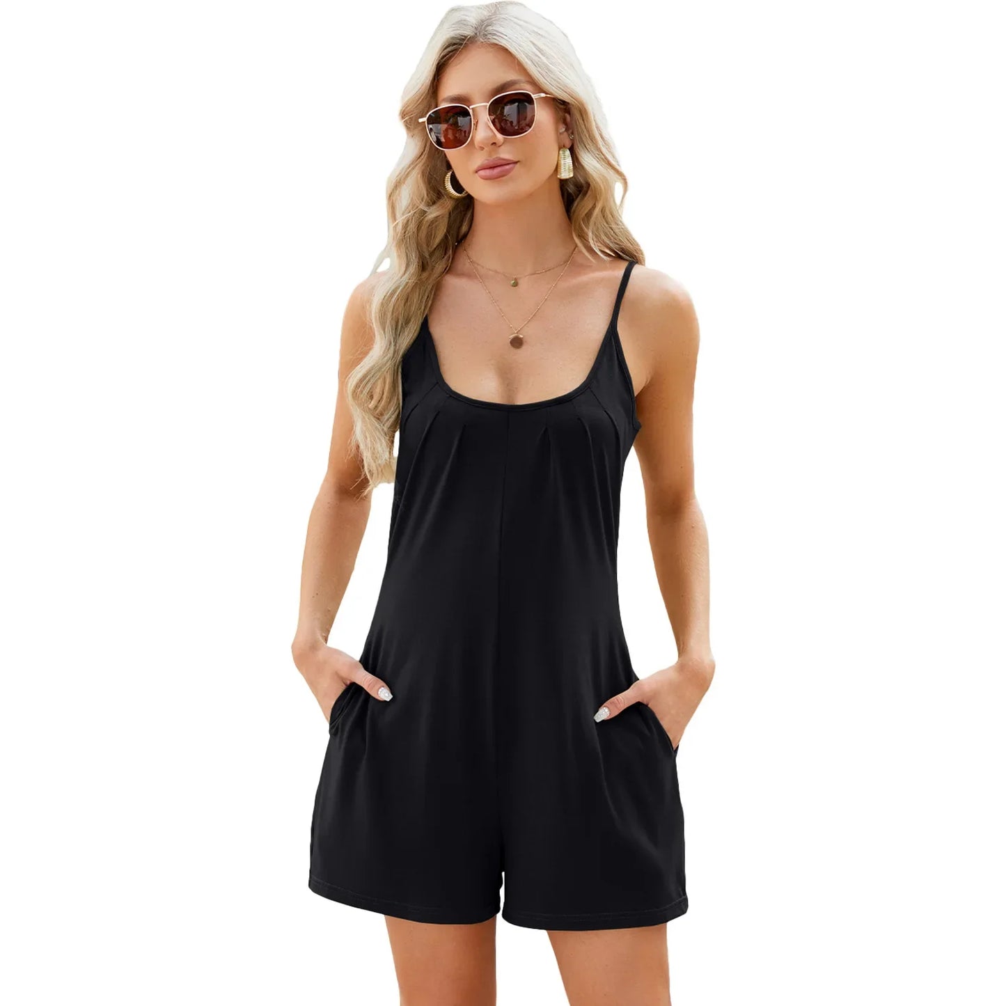 Rompers- Women's Solid Cotton Blend Romper - Short-Length Cami Playsuit- Black- IndioGear.com