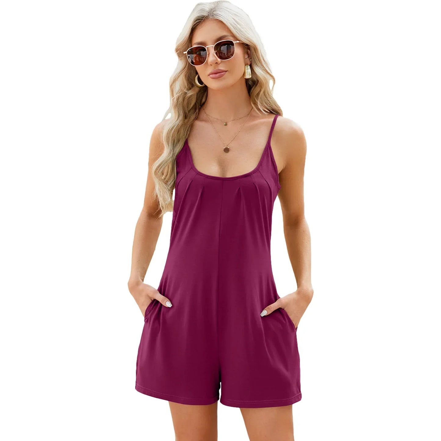 Rompers- Women's Solid Cotton Blend Romper - Short-Length Cami Playsuit- Red- IndioGear.com