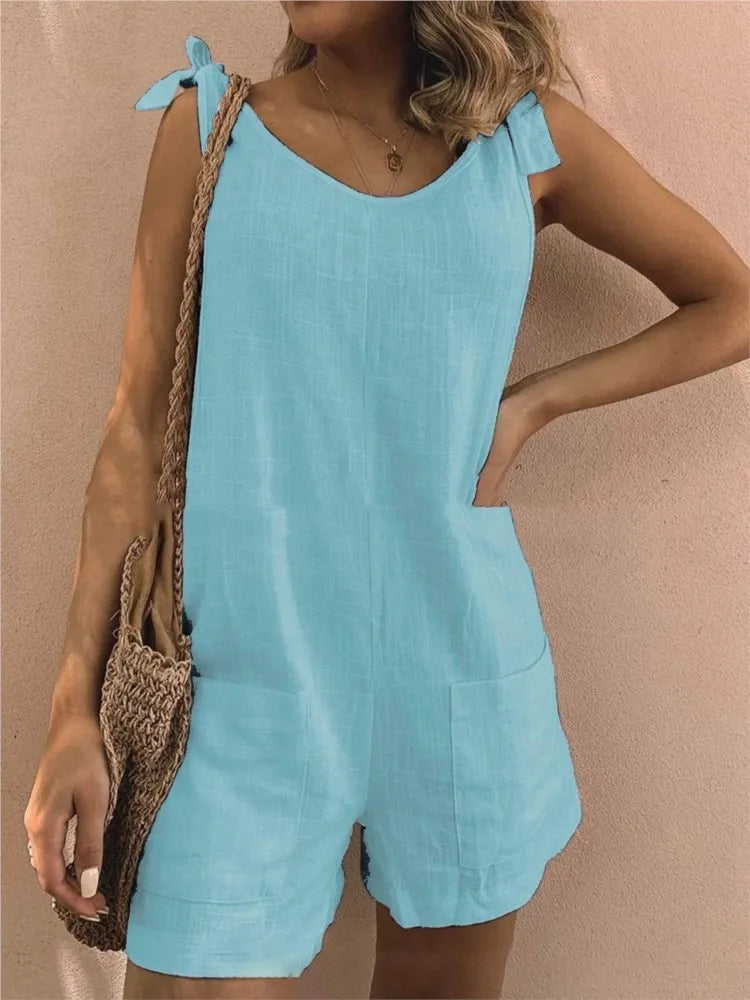 Rompers- Women's Solid Cotton Romper with Tie Shoulders- Sky blue- IndioGear.com