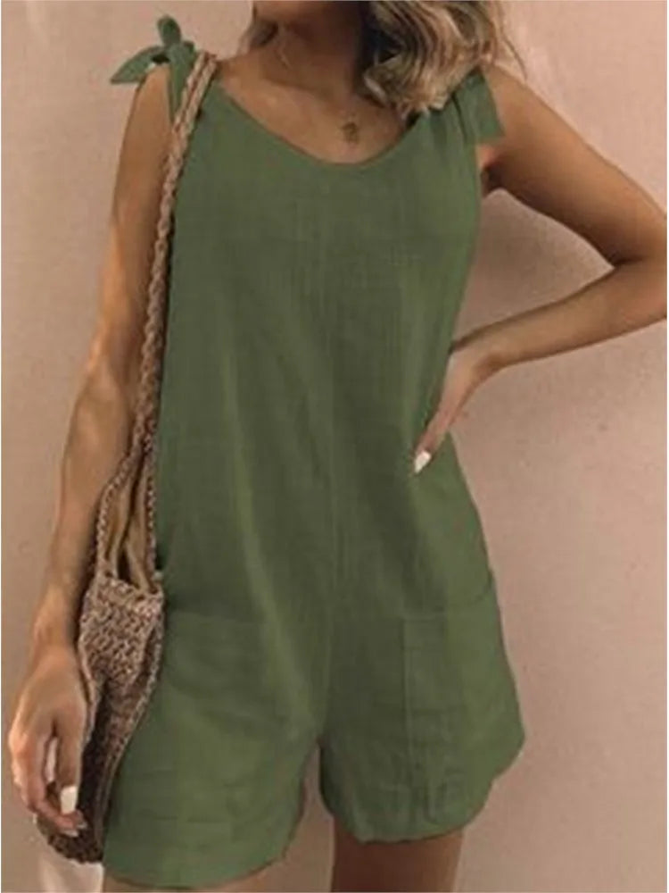 Rompers- Women's Solid Cotton Romper with Tie Shoulders- Green- IndioGear.com