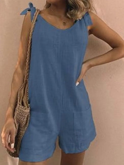 Rompers- Women's Solid Cotton Romper with Tie Shoulders- Blue- IndioGear.com