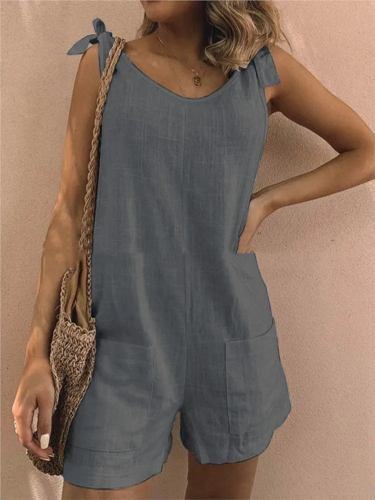 Rompers- Women's Solid Cotton Romper with Tie Shoulders- Gray- IndioGear.com