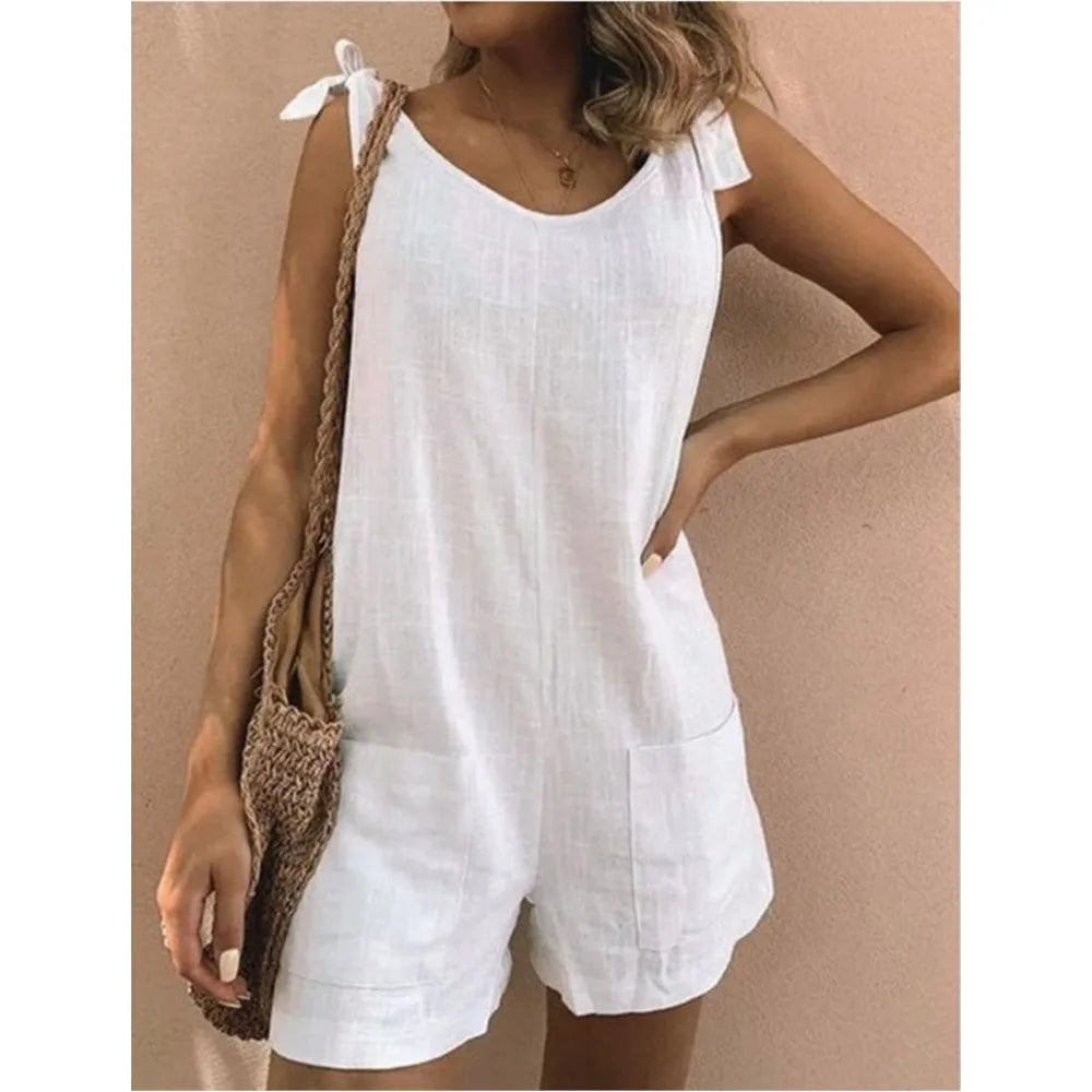 Rompers- Women's Solid Cotton Romper with Tie Shoulders- - IndioGear.com