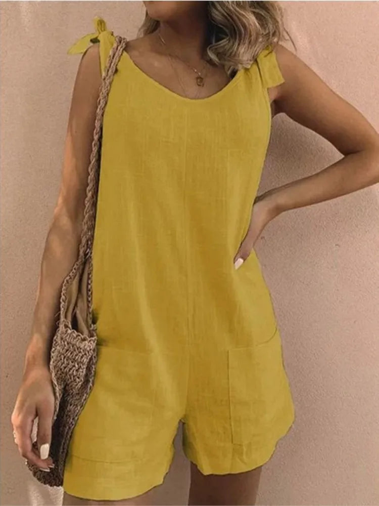 Rompers- Women's Solid Cotton Romper with Tie Shoulders- Yellow- IndioGear.com