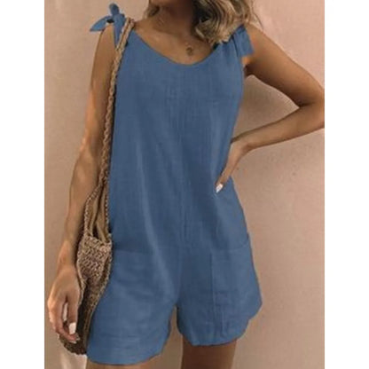 Rompers- Women's Solid Cotton Romper with Tie Shoulders- - IndioGear.com