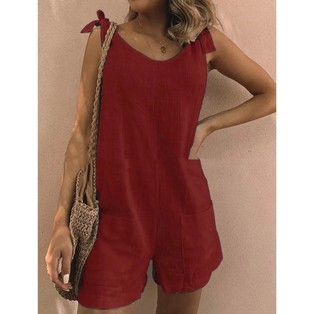 Rompers- Women's Solid Cotton Romper with Tie Shoulders- - IndioGear.com