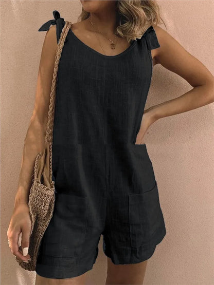 Rompers- Women's Solid Cotton Romper with Tie Shoulders- Black- IndioGear.com