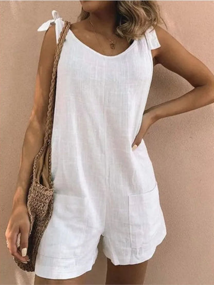 Rompers- Women's Solid Cotton Romper with Tie Shoulders- White- IndioGear.com