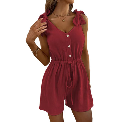 Rompers- Women's Textured Tie-Shoulder Romper- Red- IndioGear.com