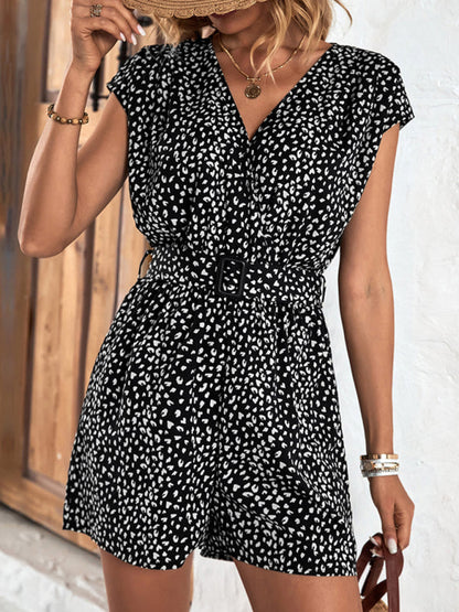 Rompers- Women's Wide-Leg Leopard Belted Romper - Feline Print Short-Length Playsuit- Black- IndioGear Fashion and Gear