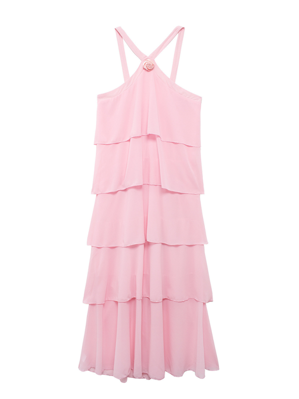 Tiered Dresses- Rosette Floor-Length Pink Ruffle Tiered Dress- Pink- IndioGear.com