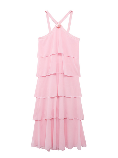 Tiered Dresses- Rosette Floor-Length Pink Ruffle Tiered Dress- Pink- IndioGear.com