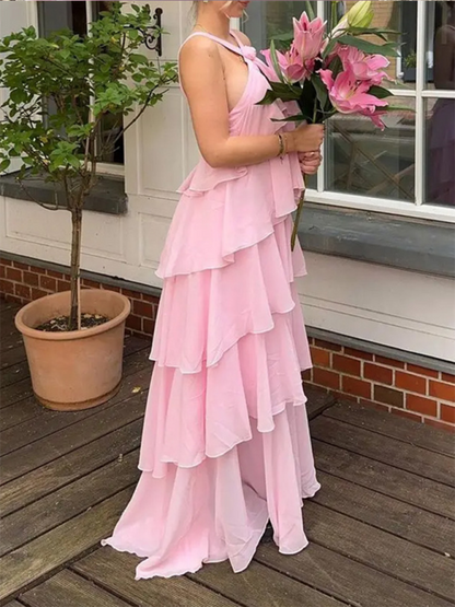 Tiered Dresses- Rosette Floor-Length Pink Ruffle Tiered Dress- - IndioGear.com