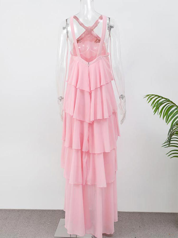 Tiered Dresses- Rosette Floor-Length Pink Ruffle Tiered Dress- - IndioGear.com