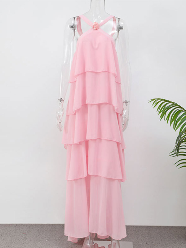 Tiered Dresses- Rosette Floor-Length Pink Ruffle Tiered Dress- - IndioGear.com