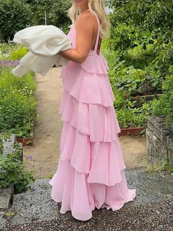 Tiered Dresses- Rosette Floor-Length Pink Ruffle Tiered Dress- - IndioGear.com