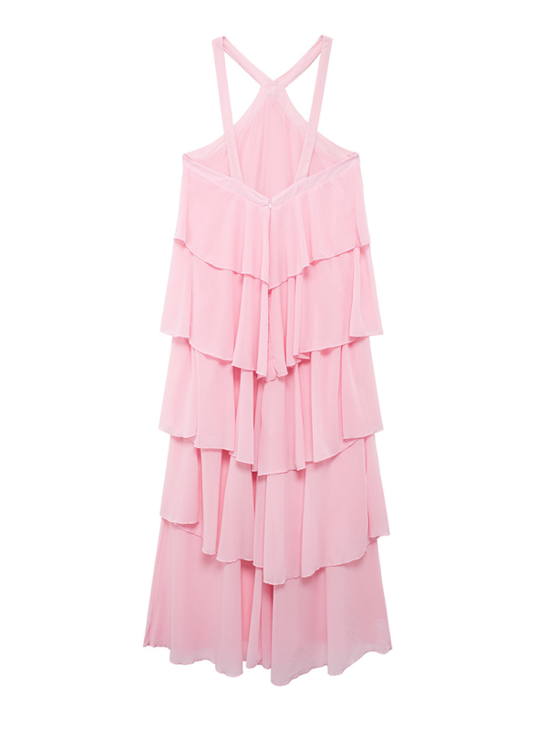 Tiered Dresses- Rosette Floor-Length Pink Ruffle Tiered Dress- - IndioGear.com