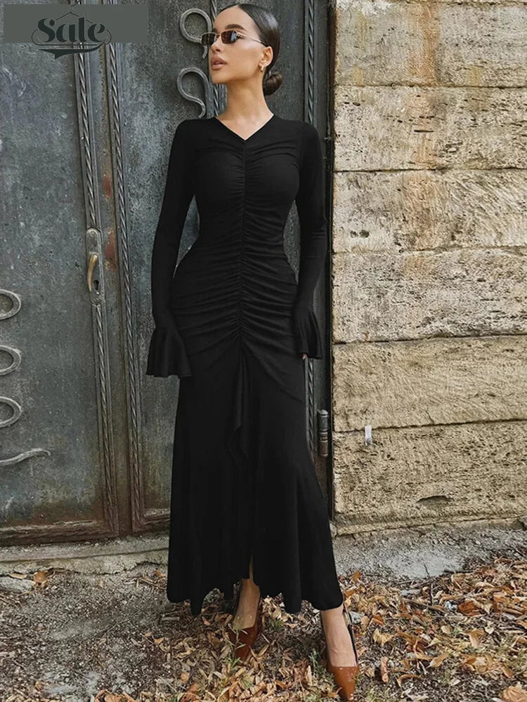 Ruche Dresses- Bellissima Flare Ruched V-Neck Maxi Dress- - IndioGear Women Clothing