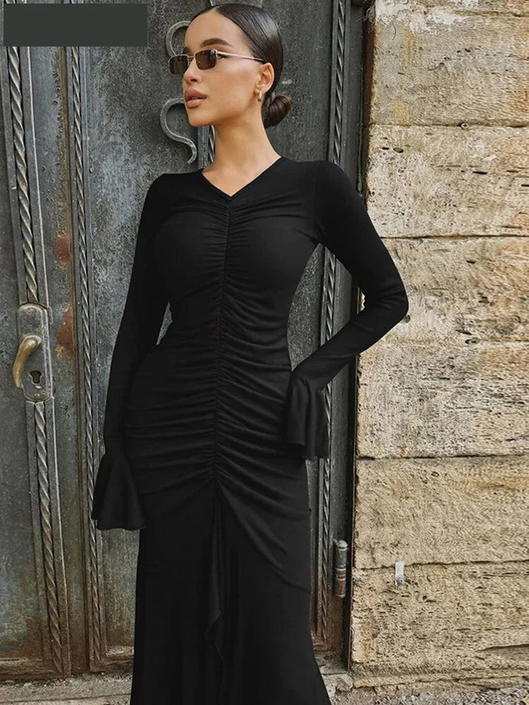 Ruche Dresses- Bellissima Flare Ruched V-Neck Maxi Dress- Black- IndioGear Women Clothing