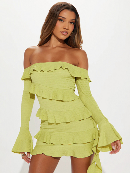 Ruffle Dress- Party Off-Shoulder Ruffle Mini Dress- Green- IndioGear.com