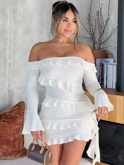 Ruffle Dress- Party Off-Shoulder Ruffle Mini Dress- White- IndioGear.com