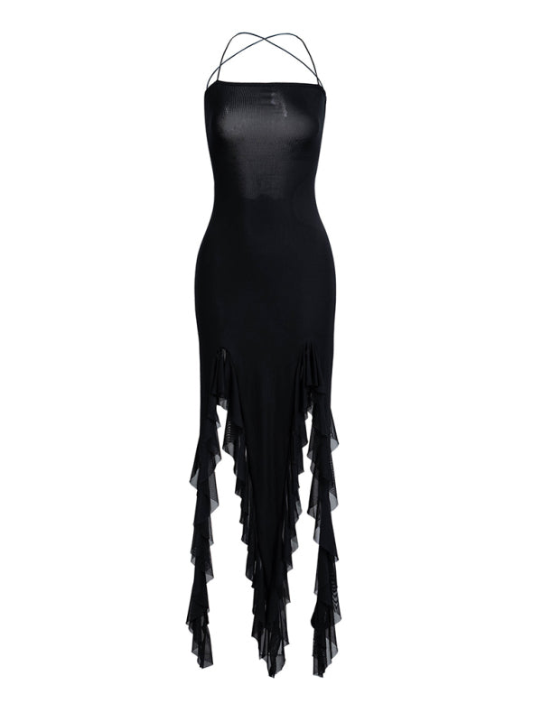 Runway Dresses- Party Backless Bodycon Maxi Dress with Slits & Ruffle Accents- - IndioGear Fashion and Gear