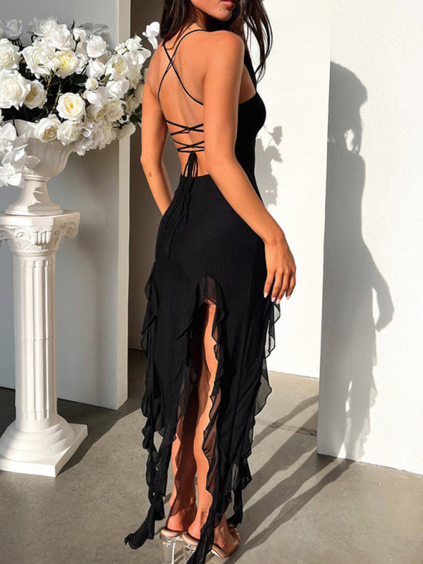 Runway Dresses- Party Backless Bodycon Maxi Dress with Slits & Ruffle Accents- - IndioGear Fashion and Gear