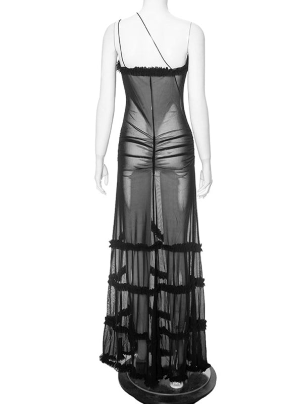 Runway Dresses- Runway-Inspired Maxi Dress with See-Through Cutout and Frill Accents- - IndioGear Fashion and Gear