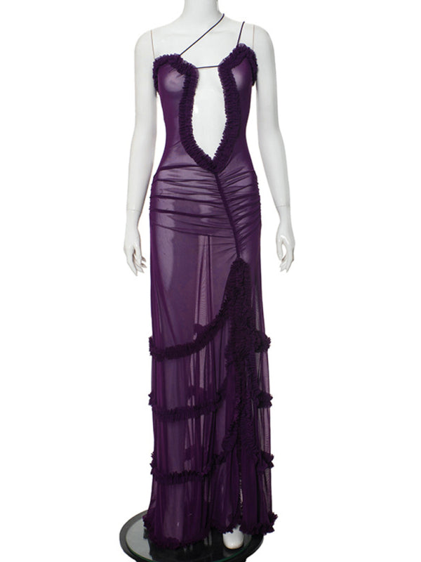 Runway Dresses- Runway-Inspired Maxi Dress with See-Through Cutout and Frill Accents- - IndioGear Fashion and Gear