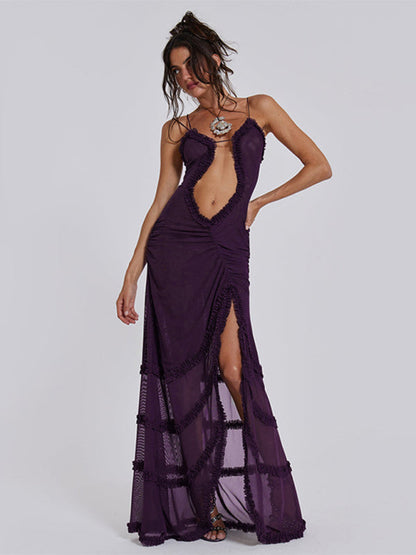 Runway Dresses- Runway-Inspired Maxi Dress with See-Through Cutout and Frill Accents- - IndioGear Fashion and Gear