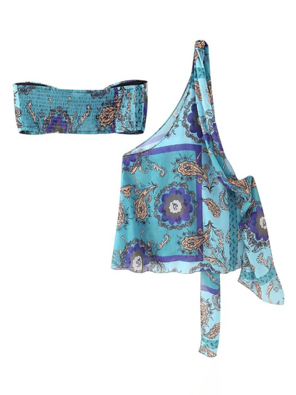 Runway Tops- Mermaid Magic Blue Print Two-Piece Set - Tube Bra & One-Shoulder Cover-Up- - IndioGear.com