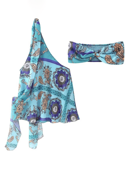 Runway Tops- Mermaid Magic Blue Print Two-Piece Set - Tube Bra & One-Shoulder Cover-Up- - IndioGear.com