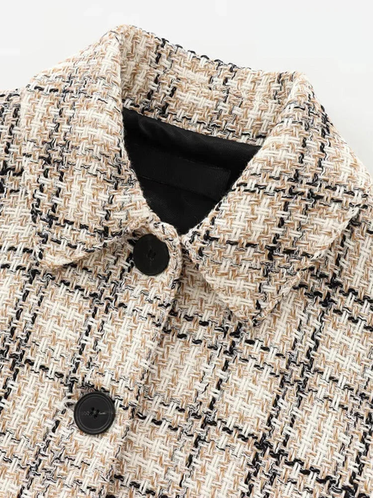 Boucle Jackets- Tweed Boucle Workwear Winter Plaid Cropped Jacket- - IndioGear Women Clothing