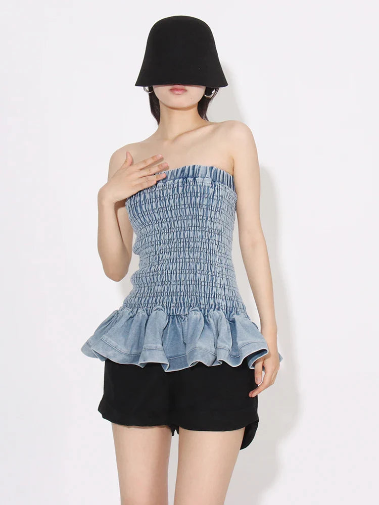 Tube Tops- Denim Tube Top with Ruffle Hem- - IndioGear.com