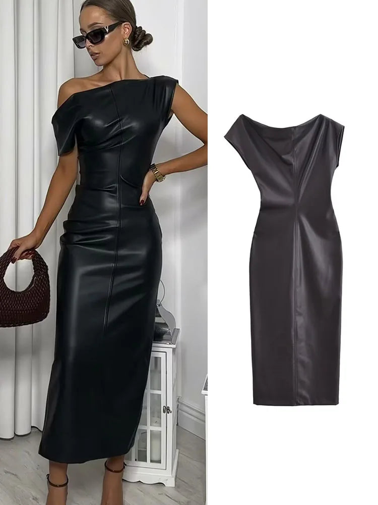 Bodycon dresses- Elegant Winter Faux Leather Cocktail Dress- - IndioGear Women Clothing