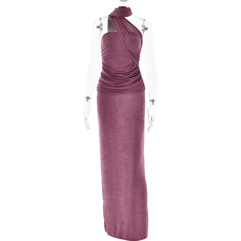 Evening Gown- Backless Halter Ruched Maxi Dress for Evening Parties- - IndioGear Women Clothing