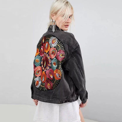 Denim Jackets- Floral Embroidered Patch on Back Denim Oversized Jacket- - IndioGear.com