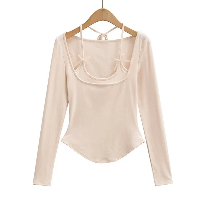 Halter Tops- Halter Crop Top Faux 2 Pieces Long Sleeve- - IndioGear.com